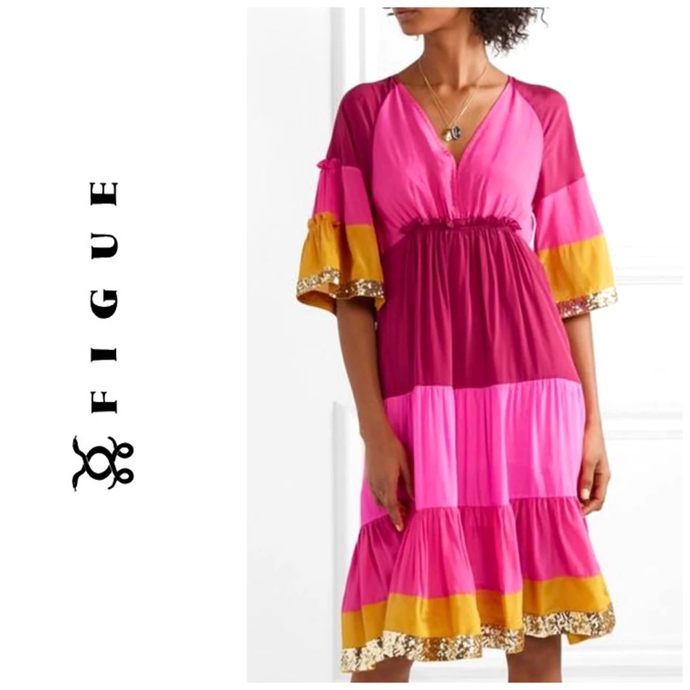 NWT Figue  Silk Crepe Colorblock Gold Sequin  Trim Midi Dress Bohemian Gypsy - Picture 5 of 16